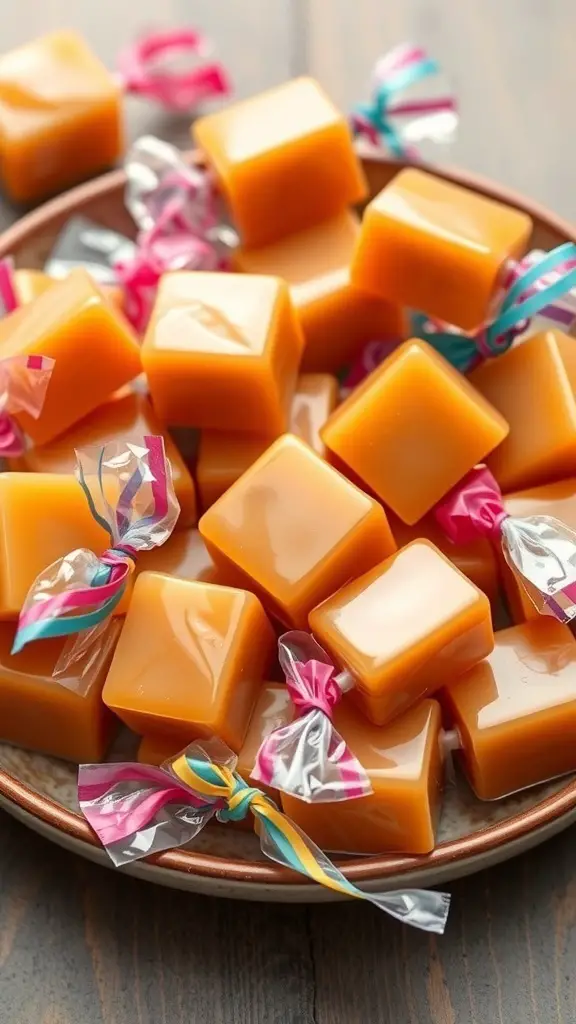 A plate of homemade butterscotch candies wrapped in colorful cellophane.