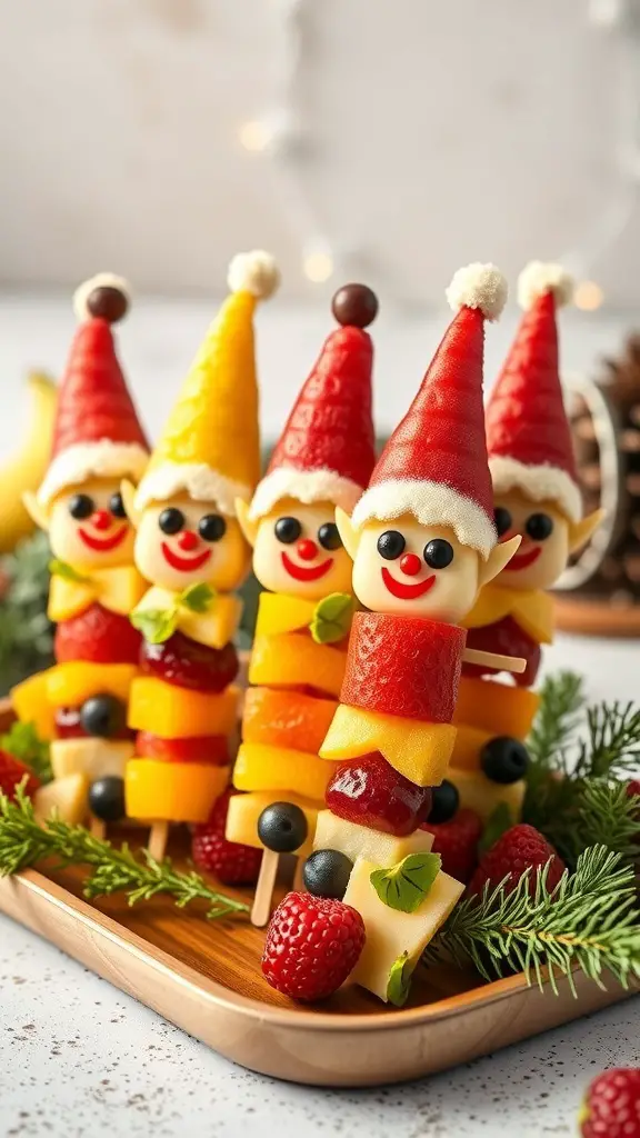 Colorful elf-themed fruit skewers with various fruits and playful decorations.