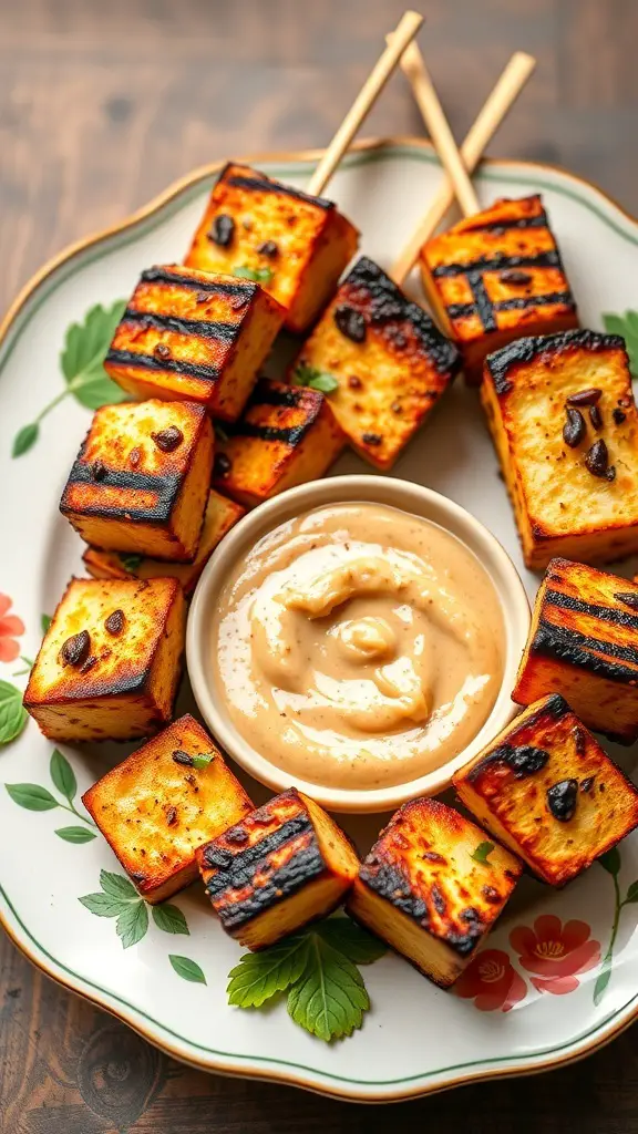 Grilled paneer satay skewers served with peanut sauce