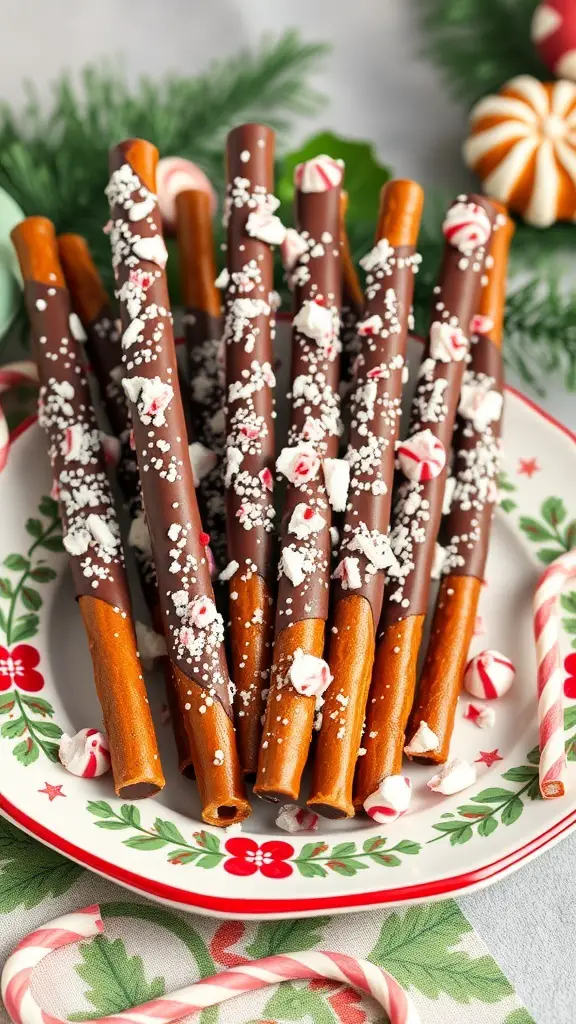 A plate of Peppermint Bark Pretzel Rods decorated with crushed peppermint