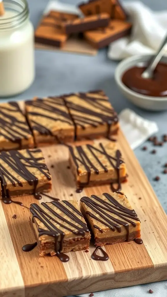 Delicious no-bake chocolate peanut butter bars drizzled with chocolate on a wooden board.