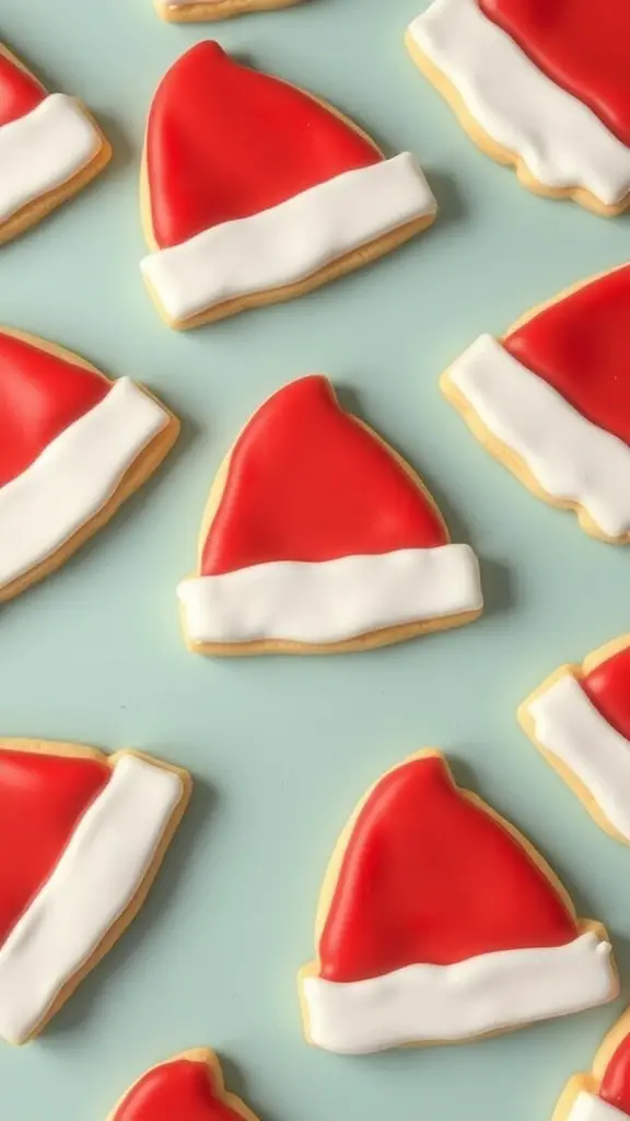 A collection of decorated sugar cookies shaped like Santa hats, featuring red icing and white details.