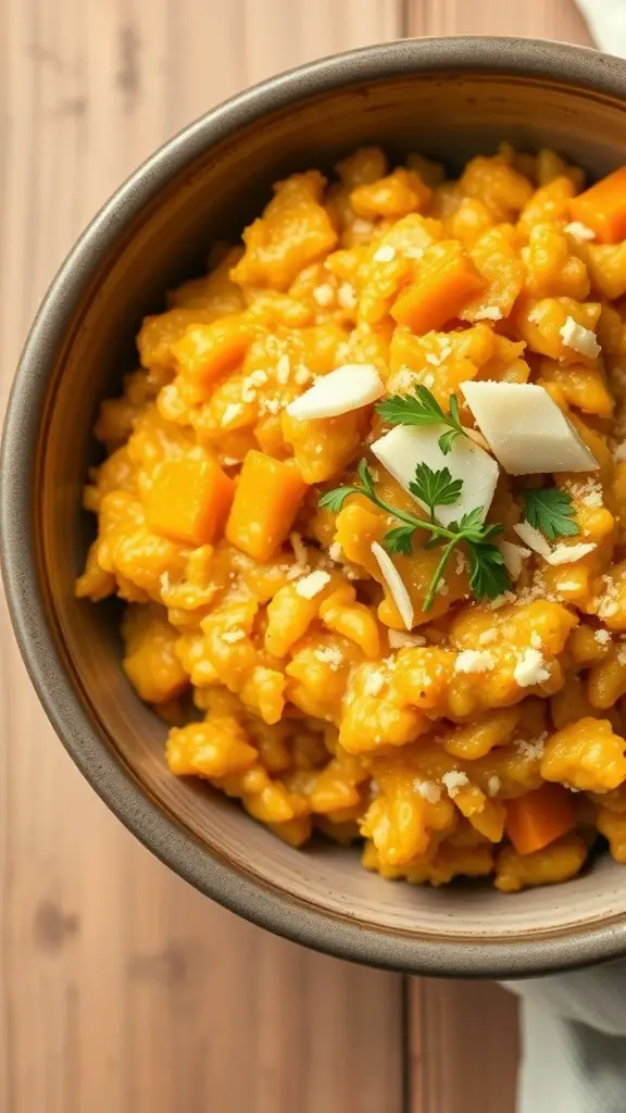 A bowl of creamy butternut squash risotto topped with cheese and herbs.