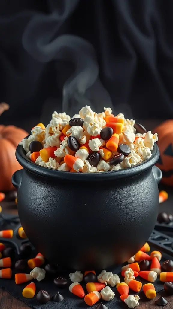 A black cauldron filled with popcorn, candy corn, and chocolate treats, surrounded by Halloween decorations.