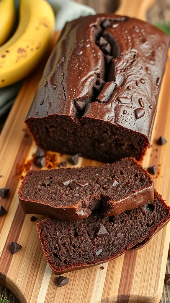 A loaf of chocolate banana bread sliced on a wooden board, with bananas in the background.
