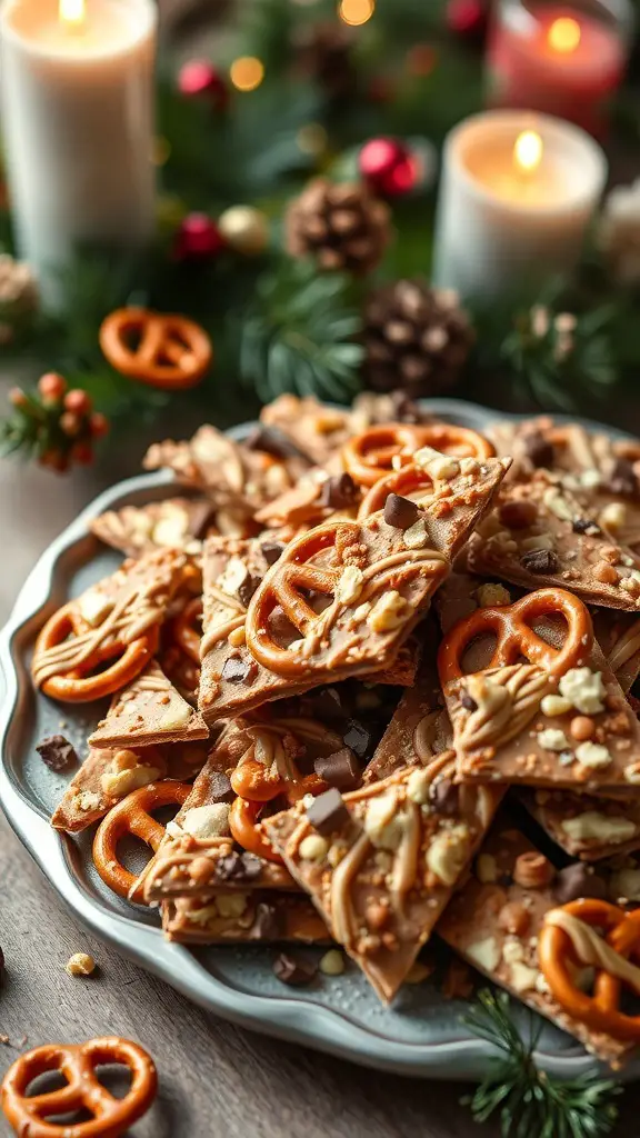 A festive platter of Toffee Pretzel Bark Crunch surrounded by holiday decorations.