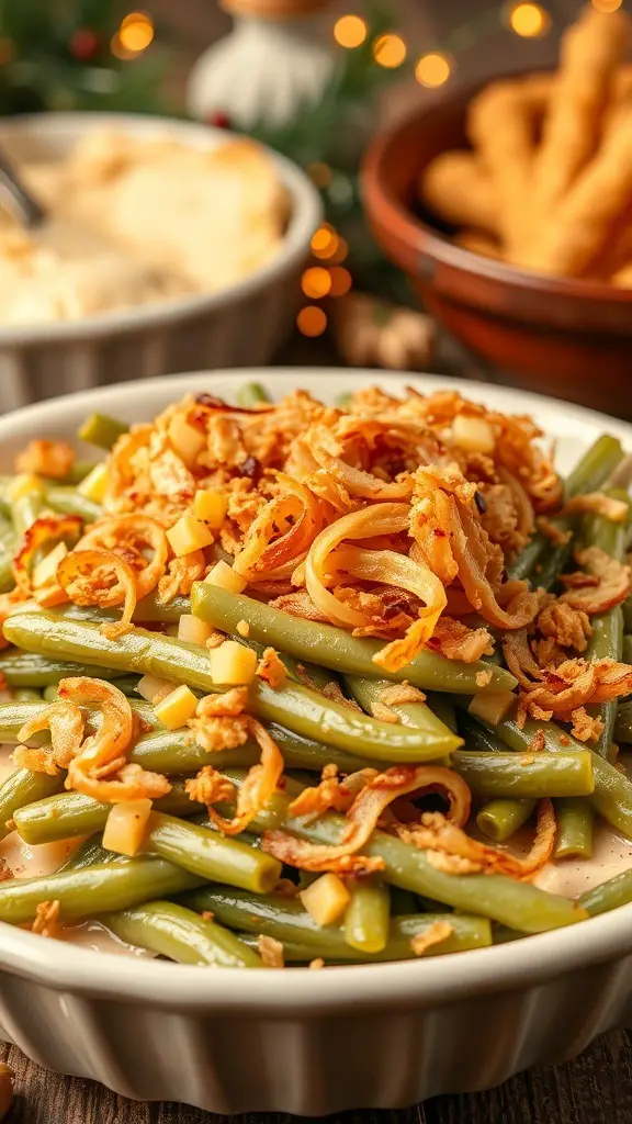 A delicious serving of green bean casserole topped with crispy fried onions