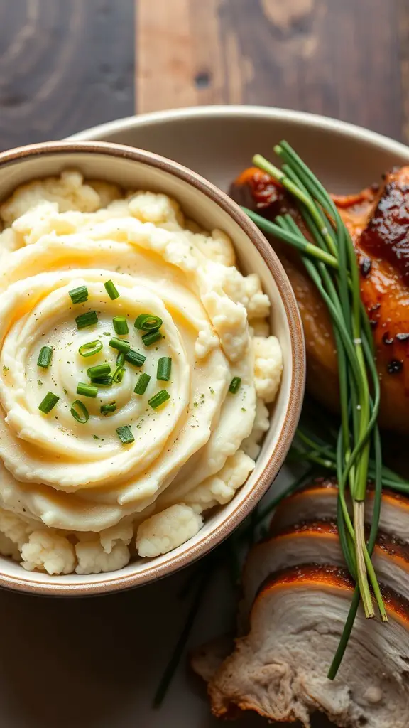 Bowl of garlic mashed cauliflower topped with chives, served with roasted meat
