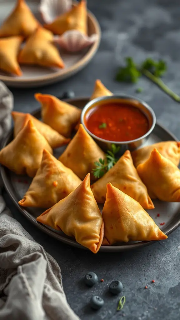 A plate of baked paneer samosas with a bowl of dipping sauce