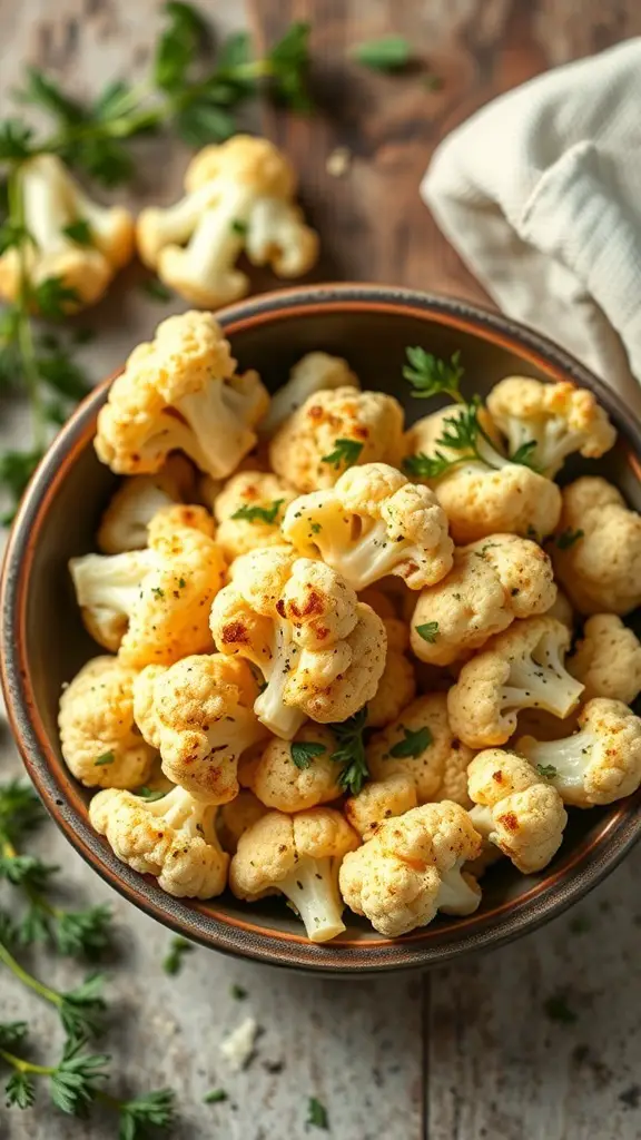 Bowl of garlic parmesan roasted cauliflower florets garnished with herbs