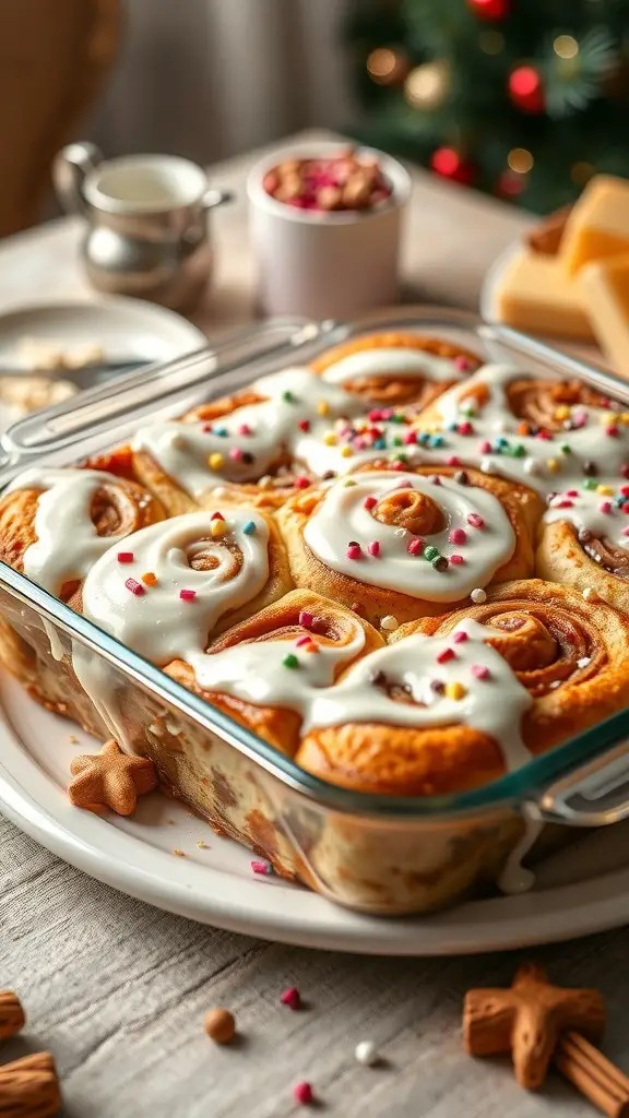 A delicious fluffy cinnamon roll casserole topped with icing and colorful sprinkles, perfect for Christmas breakfast.