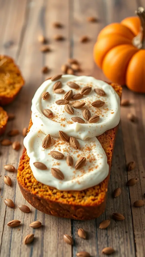 A slice of pumpkin spice bread topped with cream frosting and pumpkin seeds, with a small pumpkin in the background.