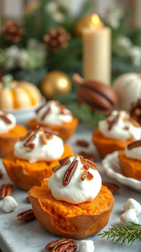 Sweet potato bites topped with marshmallow and pecans, arranged on a festive table
