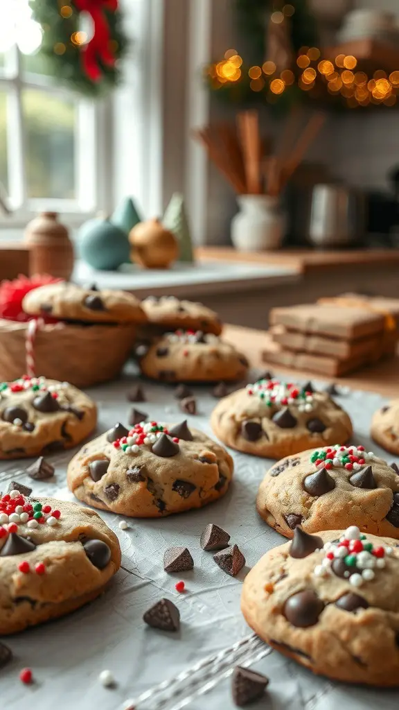 Chocolate chip cookies decorated with holiday sprinkles on a table in a cozy kitchen setting.