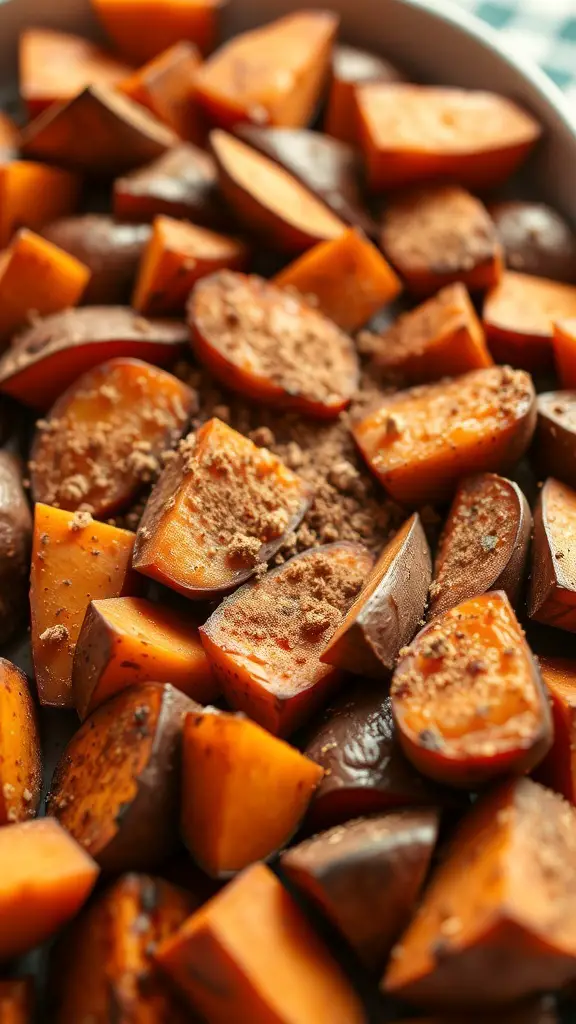 A close-up of spiced roasted sweet potatoes, cut into wedges and sprinkled with spices.