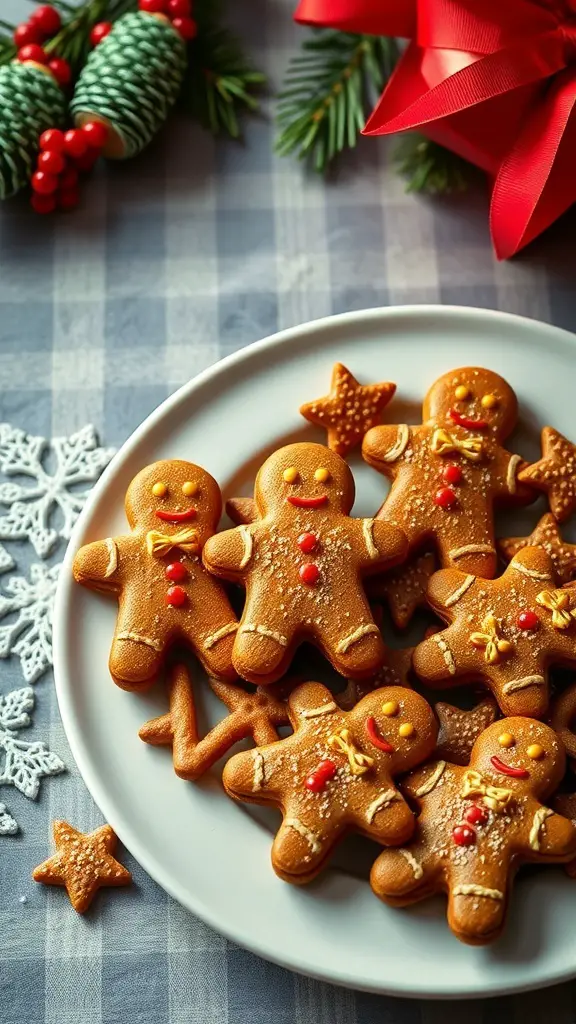 A plate of gingerbread man cookies decorated with icing and candies, surrounded by festive decorations.