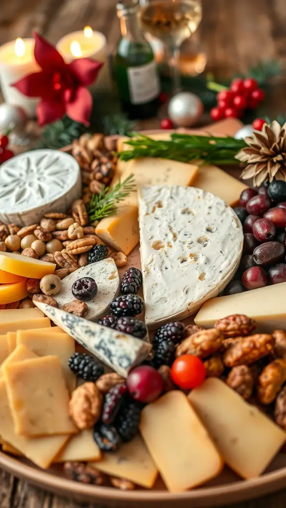 A beautifully arranged savory cheese platter with various cheeses, nuts, and fruits, perfect for a Christmas tea party.