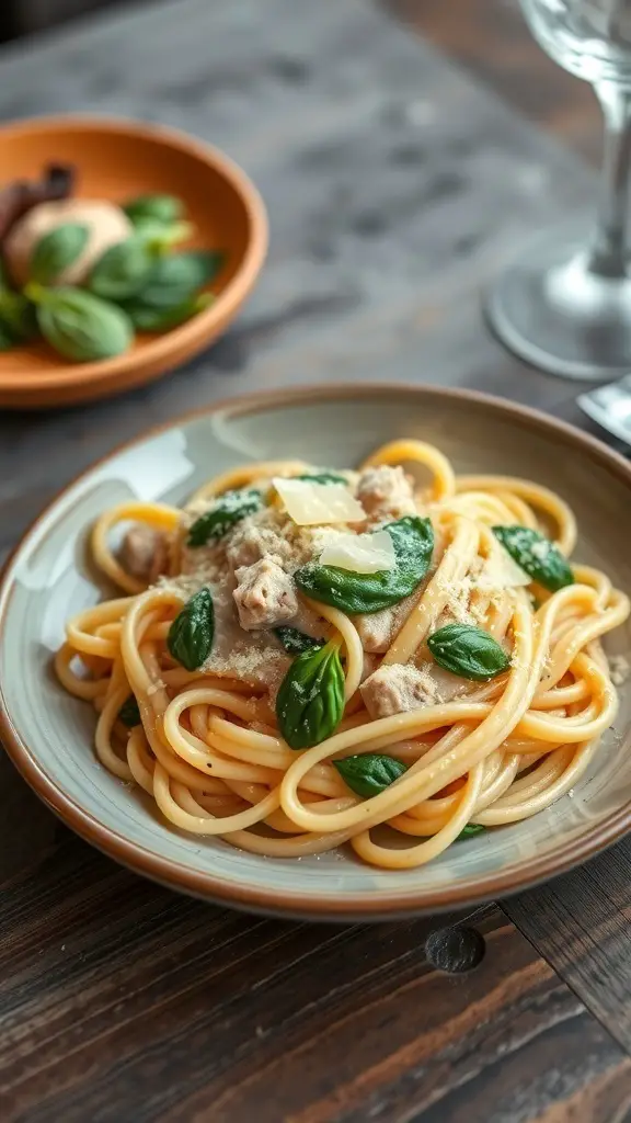 A plate of creamy turkey and spinach pasta with fresh basil on top.