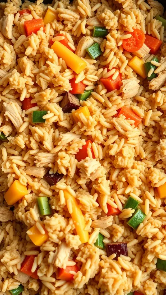 A close-up of a turkey and rice casserole with colorful vegetables.