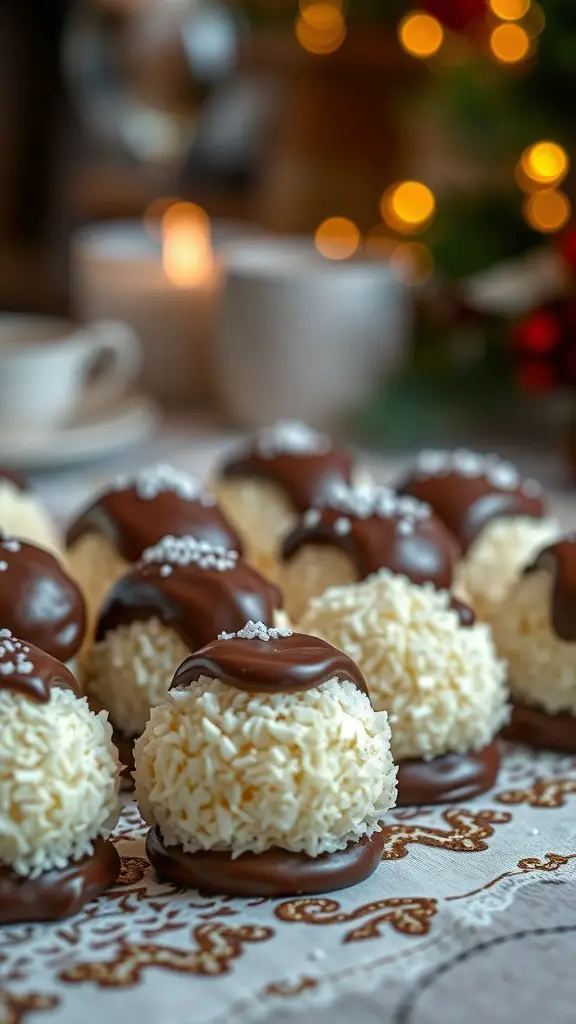 Coconut macaroons dipped in chocolate, arranged on a festive table
