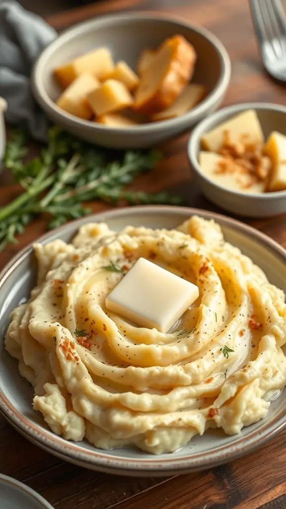 A plate of roasted garlic mashed potatoes topped with butter, surrounded by cheese and bread.