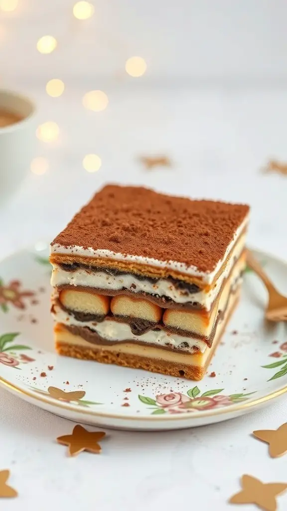 A slice of tiramisu with cocoa dusting on a floral plate