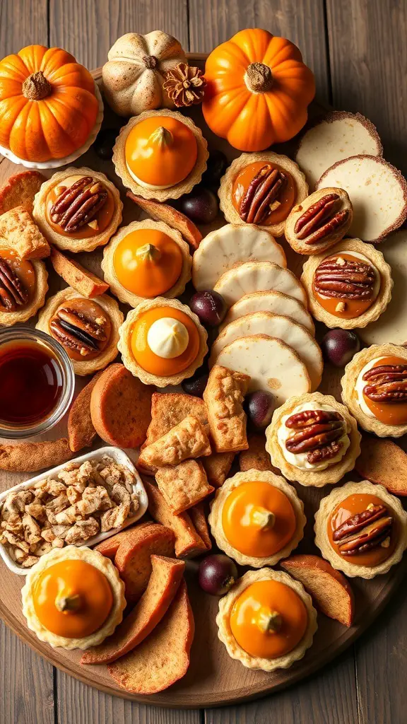 A Thanksgiving-themed sweet treats board featuring mini pumpkin pies, apple chips, spiced cookies, and decorative pumpkins.