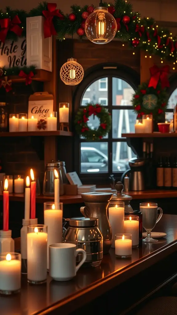 A cozy Christmas coffee bar with various scented candles and festive decorations.