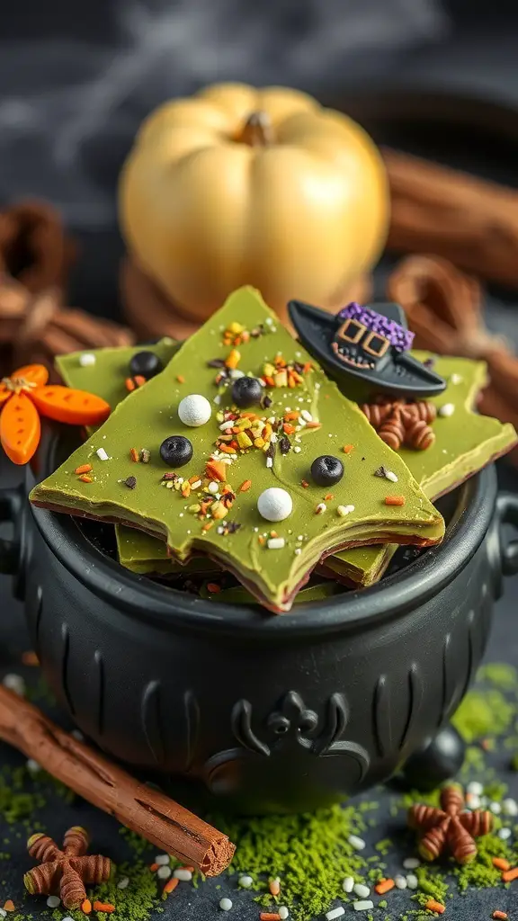 Witch's Brew Matcha Chocolate Bark in a black cauldron with festive toppings