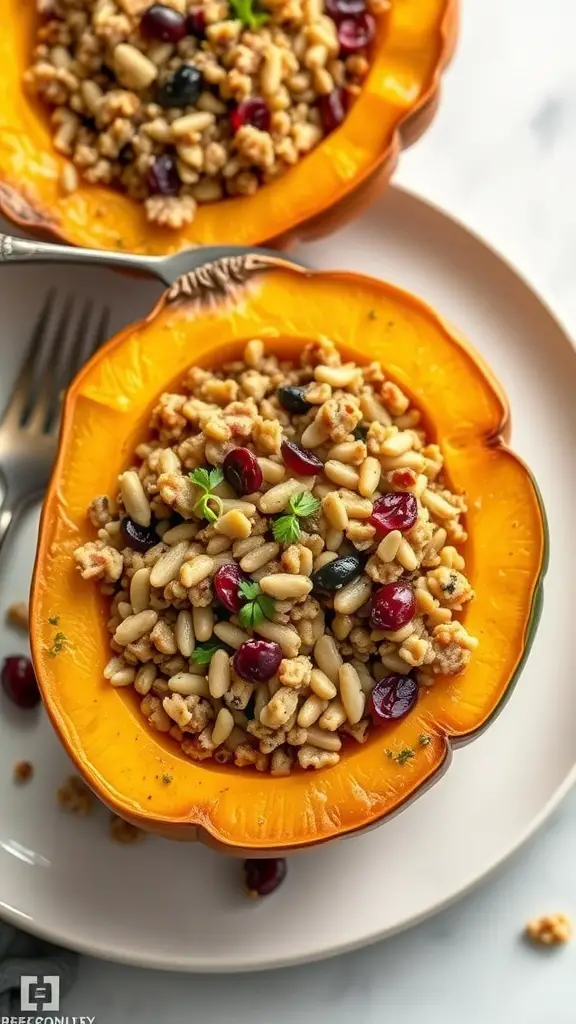 Stuffed acorn squash filled with grains, nuts, and cranberries