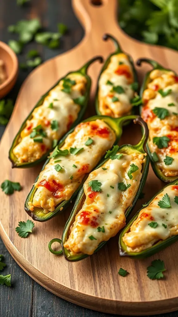Stuffed chicken jalapeño poppers on a wooden board, garnished with cilantro.