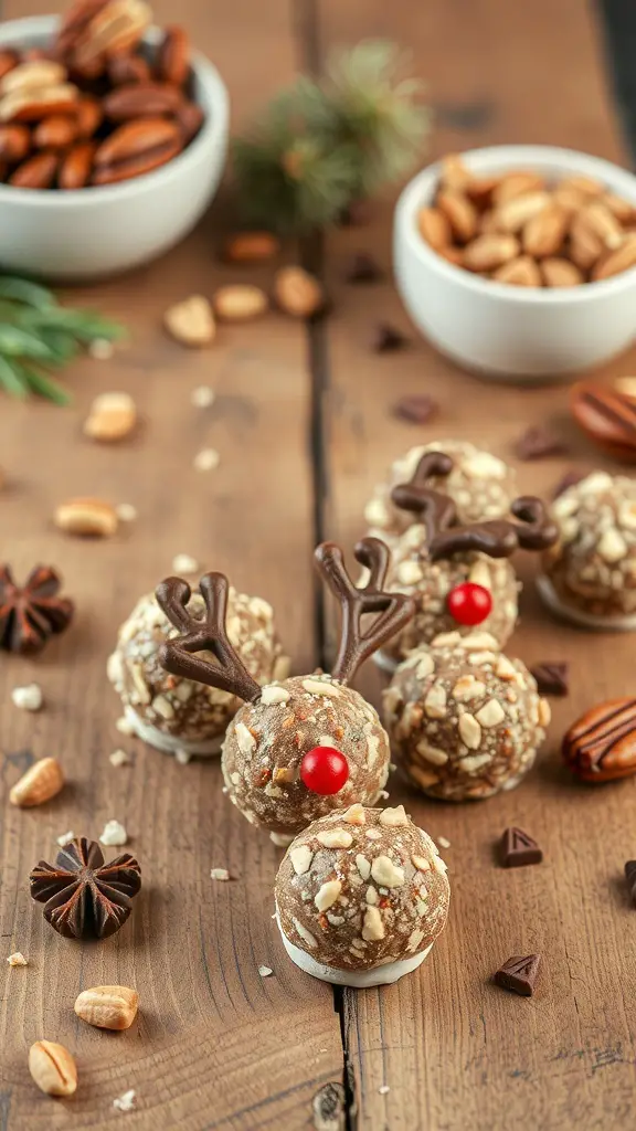 Nutty reindeer energy bites decorated with chocolate antlers and red candy noses, surrounded by various nuts on a wooden table.