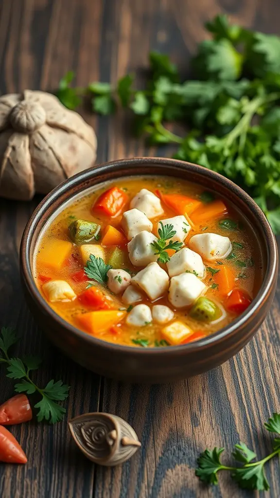 A bowl of vegetable crab chowder with colorful vegetables and crab meat