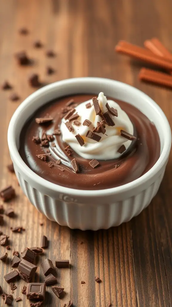 A bowl of dark chocolate pudding topped with whipped cream and chocolate shavings, surrounded by chocolate pieces on a wooden surface.