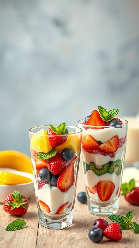 Two glasses of fruit and yogurt parfaits with layers of yogurt, strawberries, blueberries, kiwi, and mint leaves.