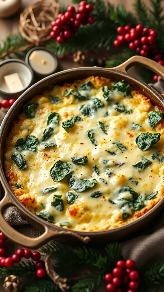 A savory breakfast strata with spinach and cheese, surrounded by festive decorations.