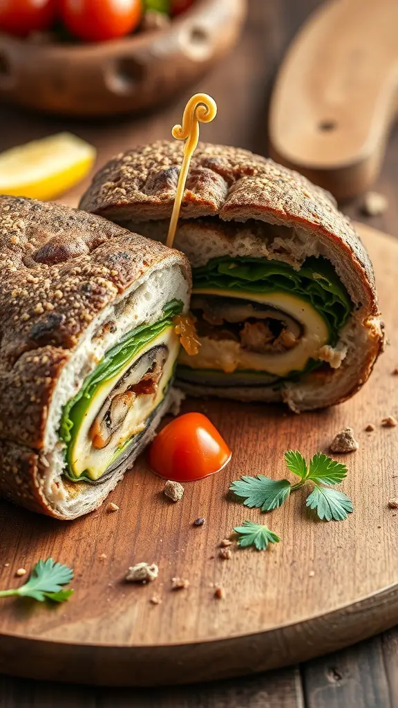 A delicious Vegetarian Mushroom Wellington on a wooden board, showcasing flaky pastry and vibrant filling.