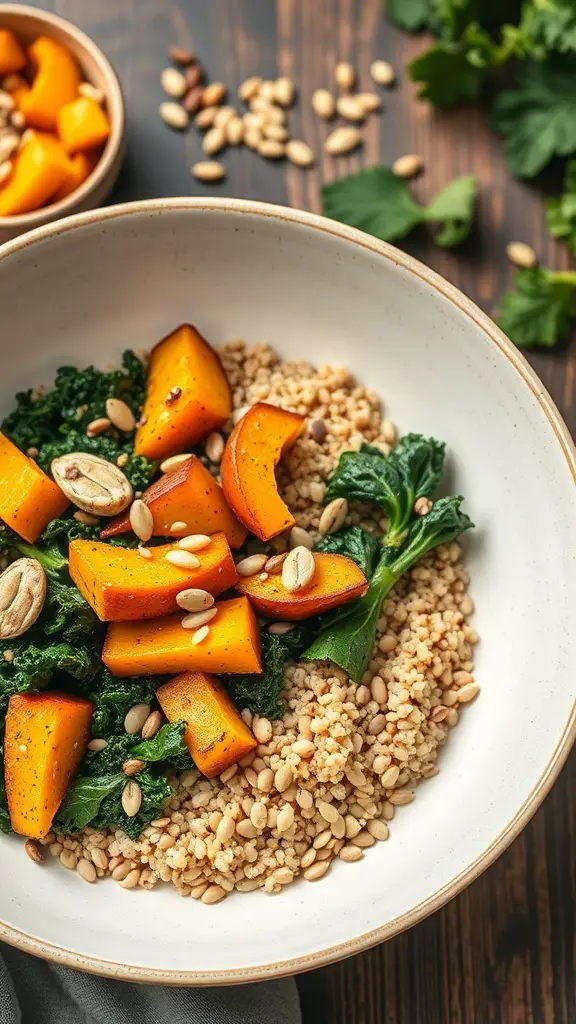 A colorful bowl featuring quinoa, roasted butternut squash, sautéed kale, and pine nuts.