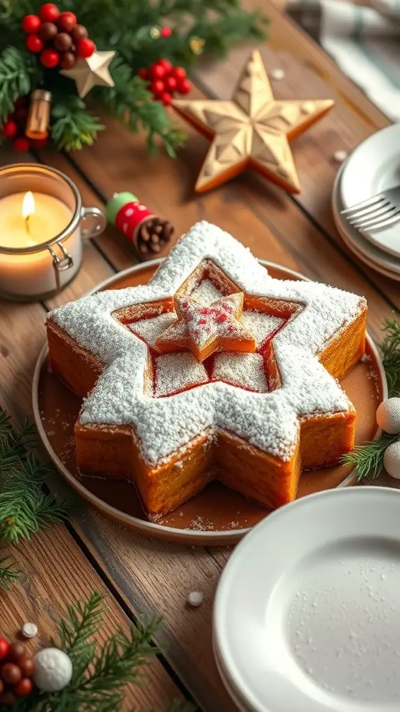 A star-shaped pandoro dusted with powdered sugar, surrounded by festive decorations.