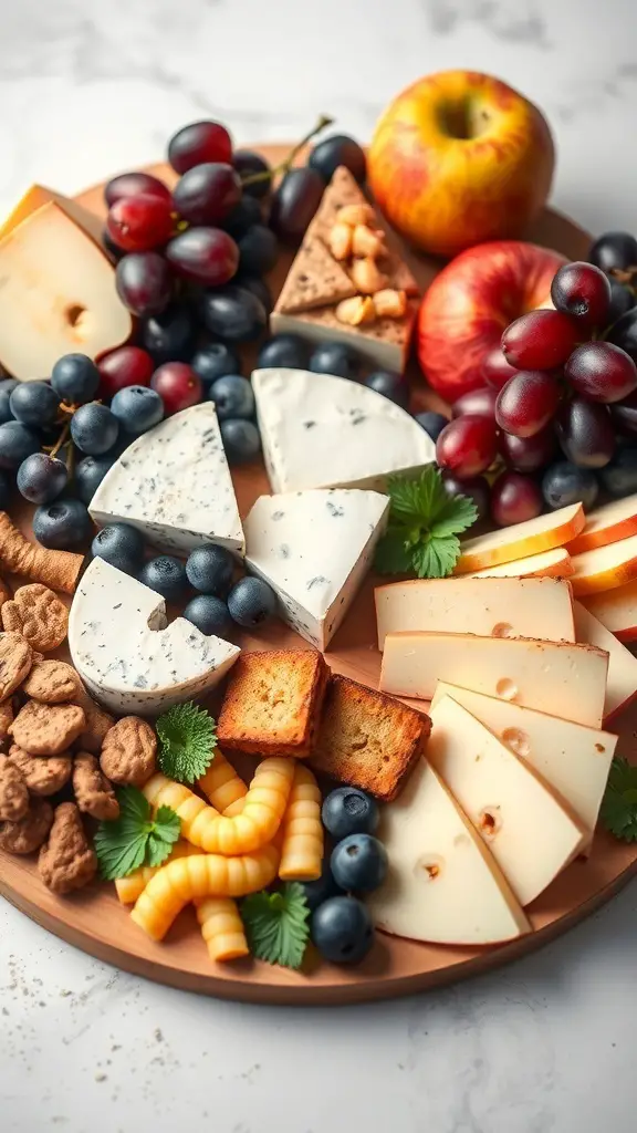 A beautifully arranged charcuterie board featuring various cheeses, fruits, nuts, and crackers.