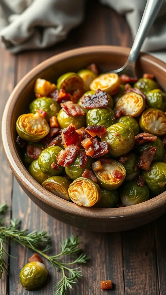 A bowl of Brussels sprouts with bacon and maple syrup, garnished with herbs.