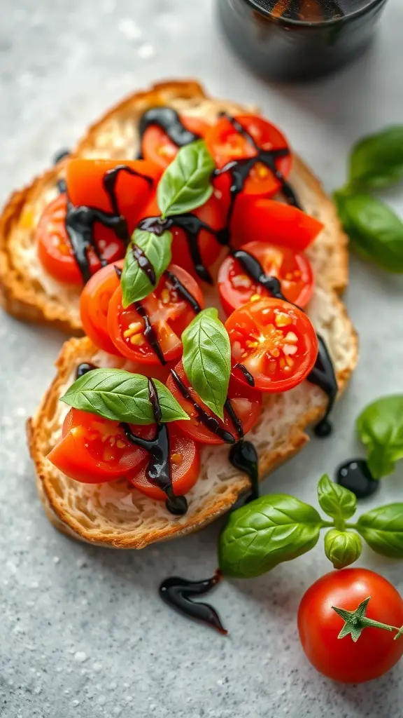 A slice of toasted bread topped with diced tomatoes, fresh basil, and balsamic glaze.