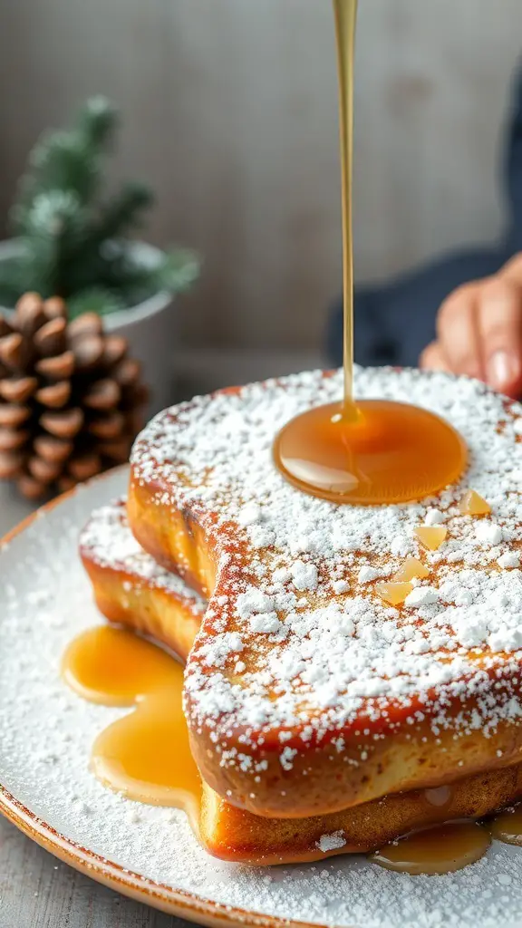 A plate of Eggnog French Toast Bake shaped like a Christmas tree, topped with powdered sugar and syrup.