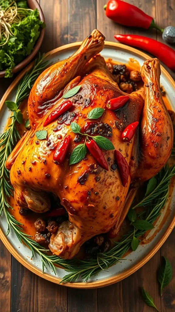 A roasted turkey with chipotle peppers and herbs on a wooden table