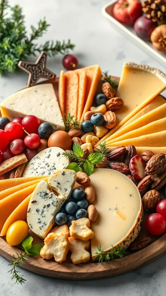 A festive cheese platter with various cheeses, fruits, nuts, and crackers arranged on a wooden board.