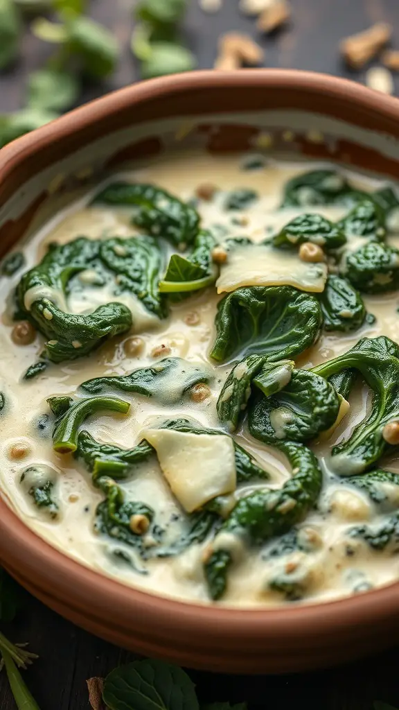 A bowl of creamed spinach with Parmesan cheese, featuring vibrant green spinach leaves in a creamy sauce.