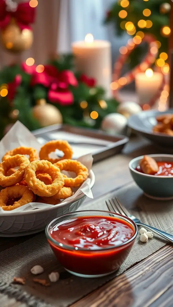 A bowl of crispy fried calamari with marinara sauce, set in a festive holiday atmosphere.