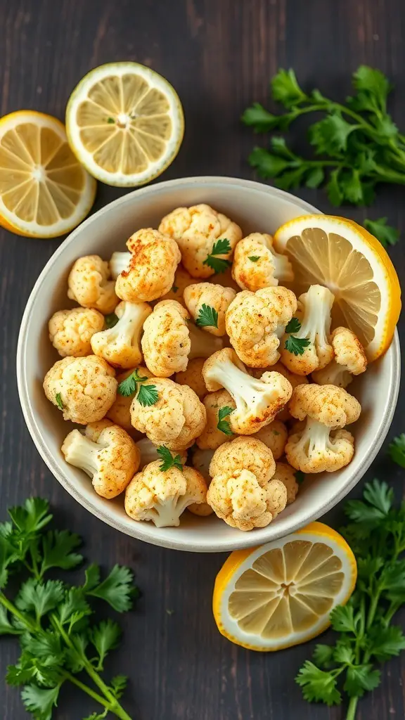 Bowl of garlic parmesan roasted cauliflower with lemon slices and fresh herbs