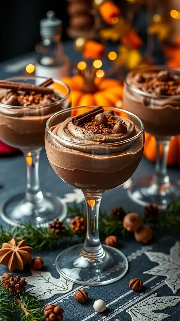Chocolate mousse topped with whipped cream and spices in elegant glasses, surrounded by autumn decorations.