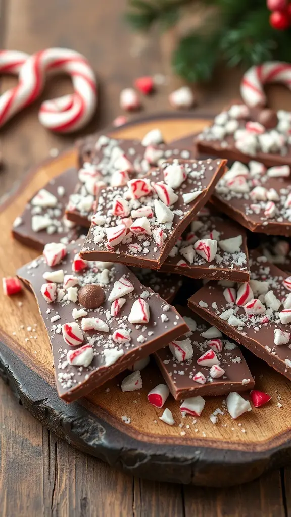 A plate of peppermint chocolate bark with crushed candy canes on top, surrounded by candy canes and holiday decorations.